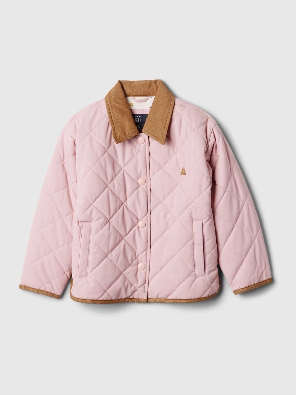 GAP Quilted Pink Coat Brannan Bear Puffer Jacket Brown Collar 3T Toddler Girl